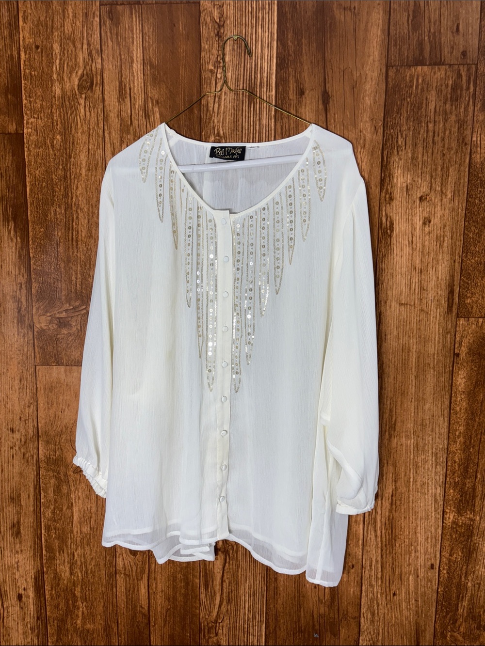 Bob Mackie White Button-Front Blouse with Sequin Fringe